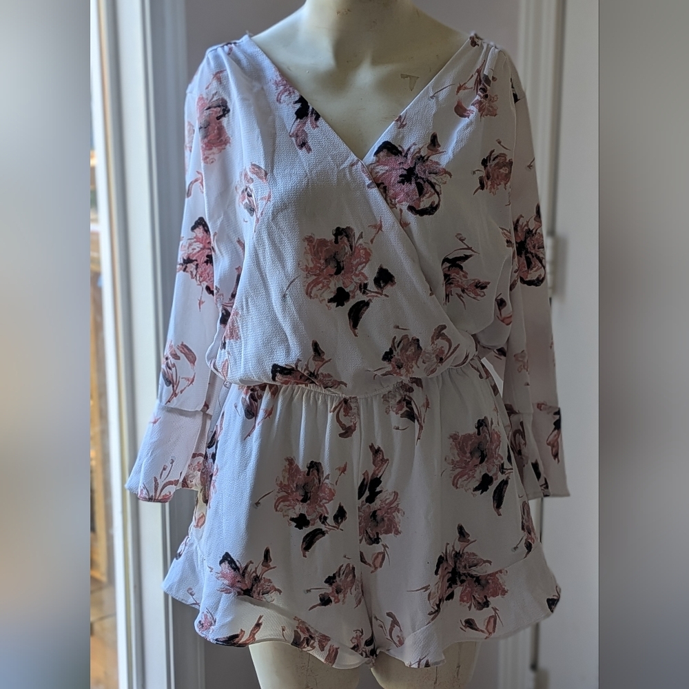 One Clothing Pink and Black Floral V-Neck Romper